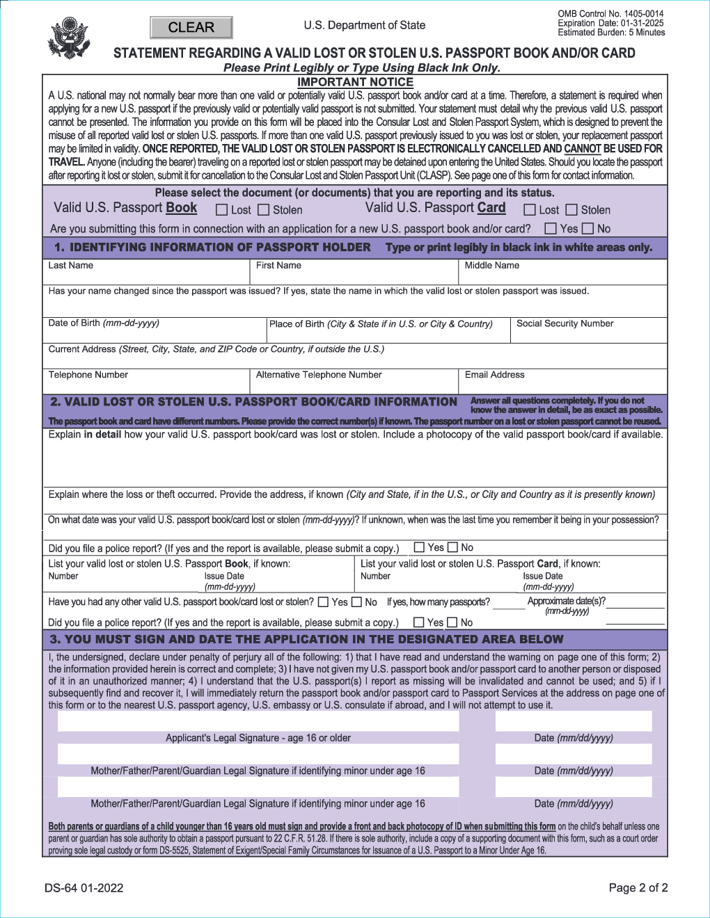 Reporting Your Passport Lost or Stolen. Form DS64 Forms Docs 2023